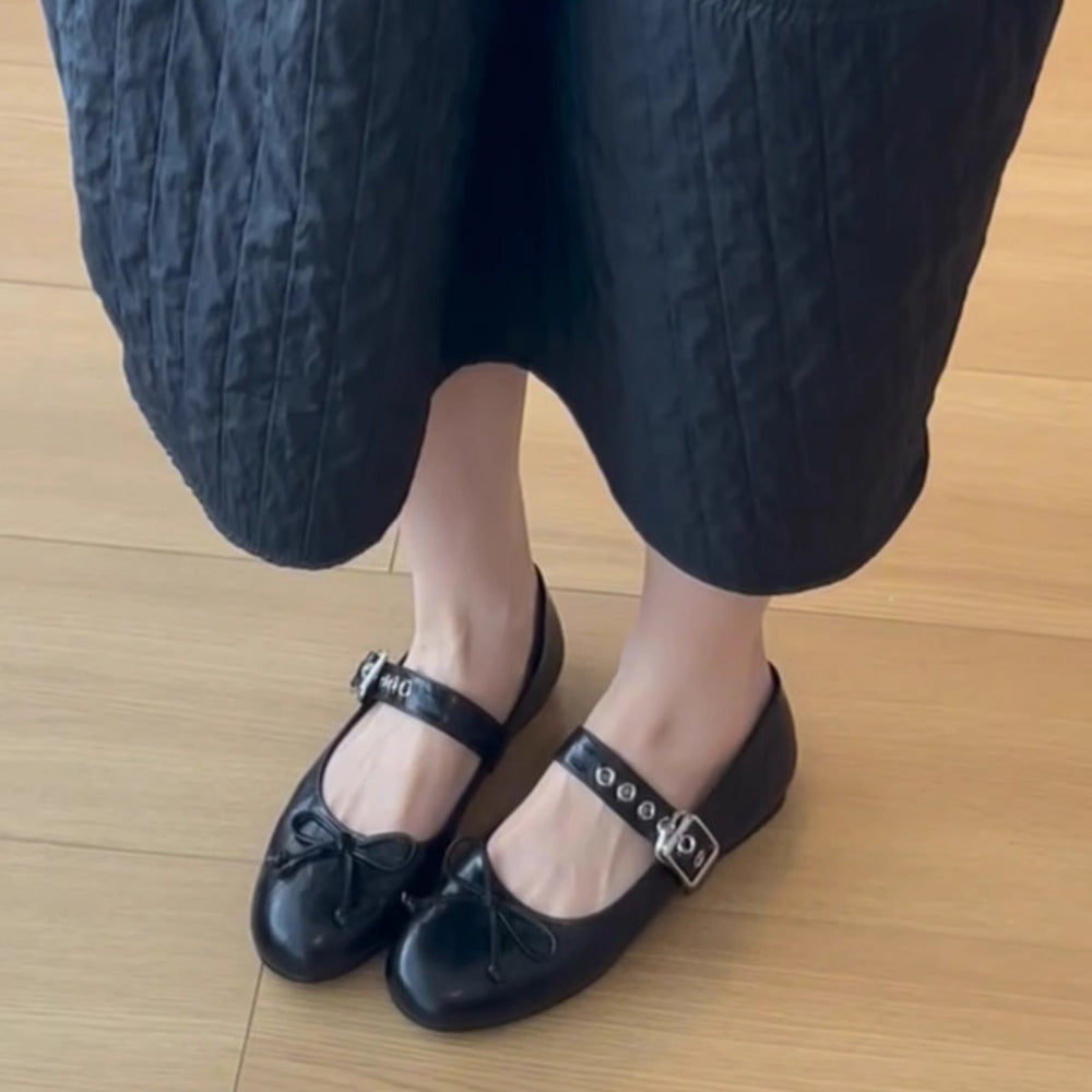 Damen Stylische Mary Jane Ballerinas mit Dekorativem Riemen und Schleifendetails Heidi-Mode