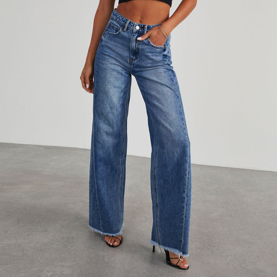 Damen Weite Jeans im lässigen Vintage-Stil mit fransigem Saum Heidi-Mode