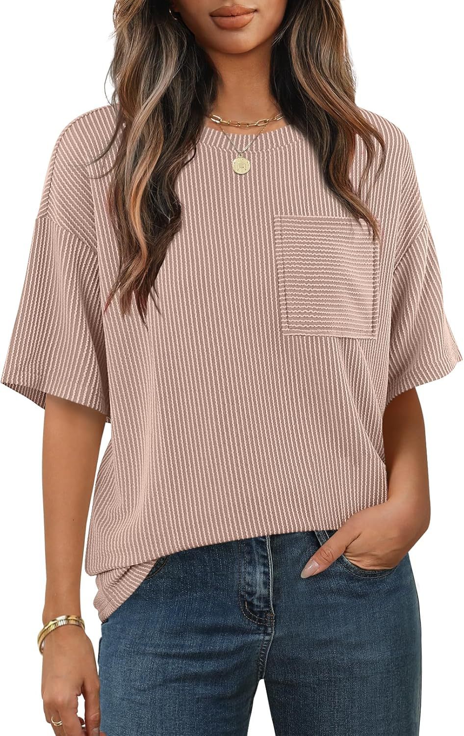 Damen lässiges gestreiftes T-Shirt mit Brusttasche Heidi-Mode