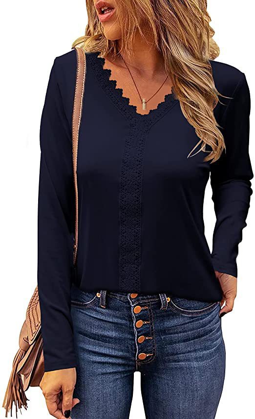 Damen elegantes V-Ausschnitt Longsleeve-Shirt mit Spitzenbesatz Heidi-Mode