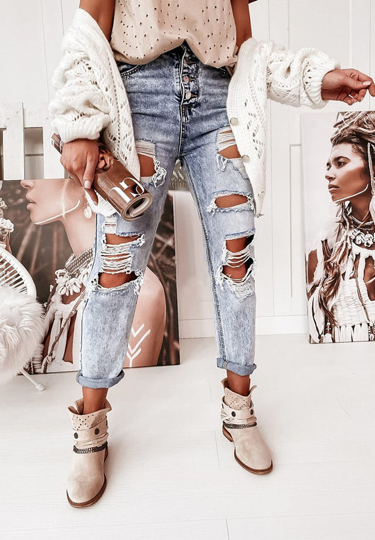 Damen Boyfriend-Jeans mit Destroyed-Details und hohem Komfortbund Heidi-Mode