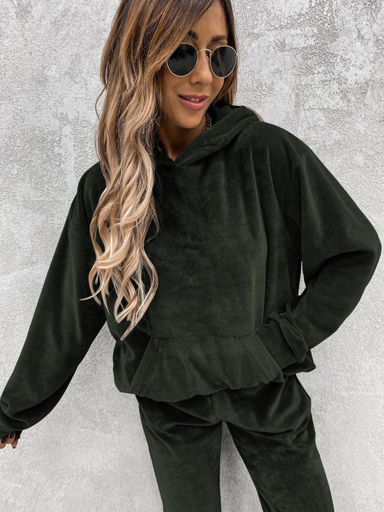 Damen modischer Fleece-Hoodie mit elastischem Saum und Kängurutasche Heidi-Mode