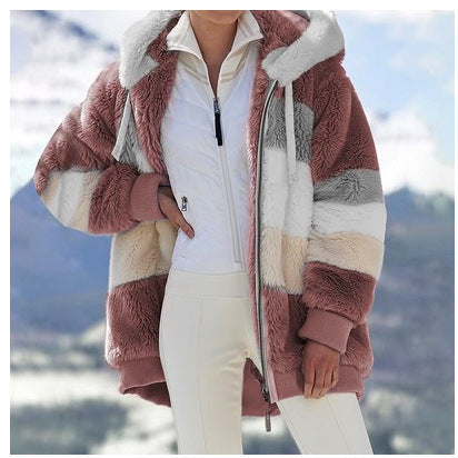 Damen Modische und warme Fleecejacke mit Kapuze und blockartigem Design Heidi-Mode