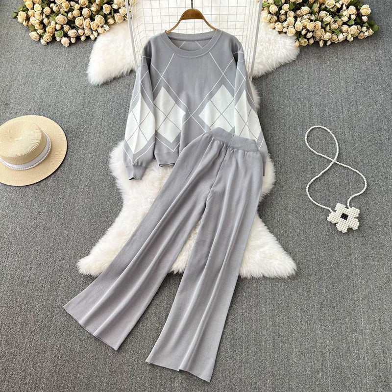 Damen elegantes Strick-Loungewear-Set mit Rautenmuster und weitem Bein Heidi-Mode