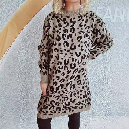 Damen Grobstrickkleid im modernen Leopardenmuster Heidi-Mode