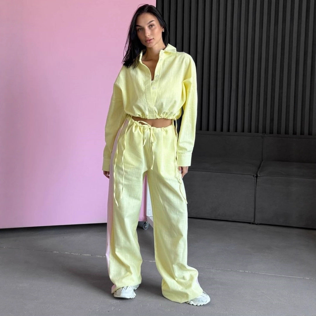 Damen luftiges Loungewear-Set mit Kordelzug und durchgehender Knopfleiste Heidi-Mode
