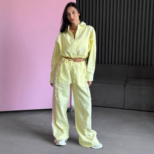 Damen luftiges Loungewear-Set mit Kordelzug und durchgehender Knopfleiste Heidi-Mode