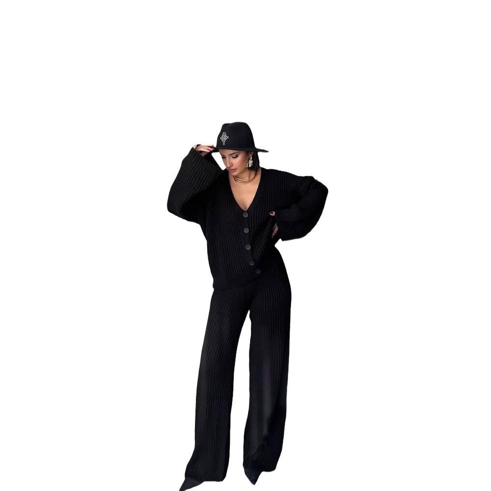 Damen Strick-Loungewear-Set mit weiten Ärmeln und Knopfleiste Heidi-Mode