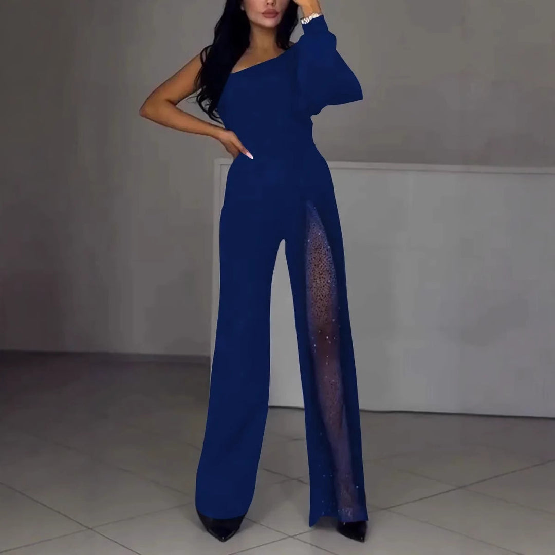 Damen Eleganter Jumpsuit mit transparenten Einsätzen und Pailletten Heidi-Mode