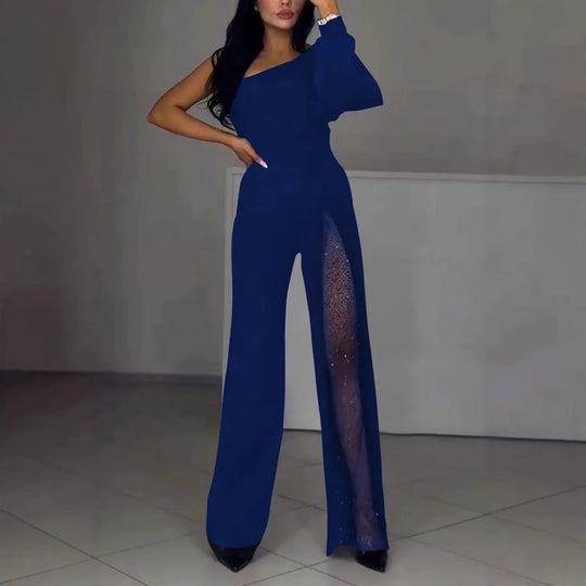 Damen Eleganter Jumpsuit mit transparenten Einsätzen und Pailletten Heidi-Mode