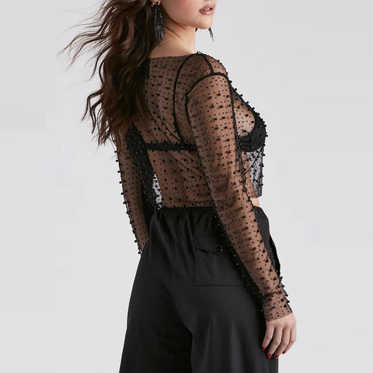 Damen Transparentes Oberteil mit kunstvollen Perlenakzenten Heidi-Mode
