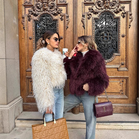 Damen Kunstpelz-Jacke mit breitem Kragen und luxuriösem Look Heidi-Mode