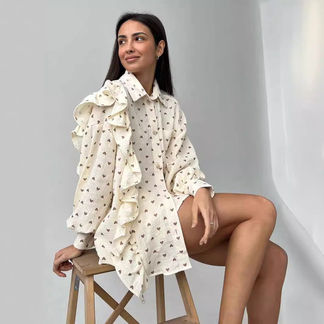 Damen Verspieltes Kurzarm-Oberteil und Shorts-Set mit Herz-Muster Heidi-Mode