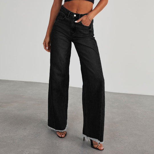 Damen Weite Jeans im lässigen Vintage-Stil mit fransigem Saum Heidi-Mode