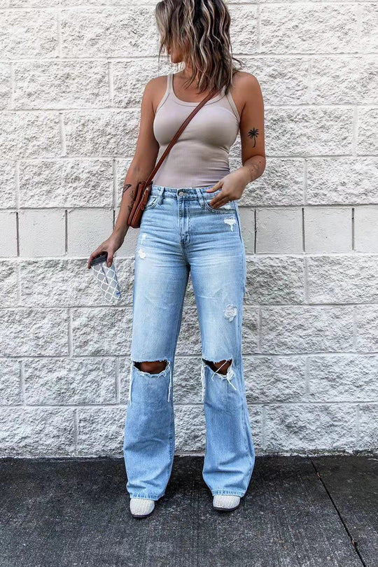 Heidi-Mode | Damen High Waist Ripped Jeans mit Weitem Bein
