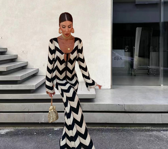Damen Strick-Maxi-Kleid mit Zickzackmuster und dezenten Cut-Outs Heidi-Mode