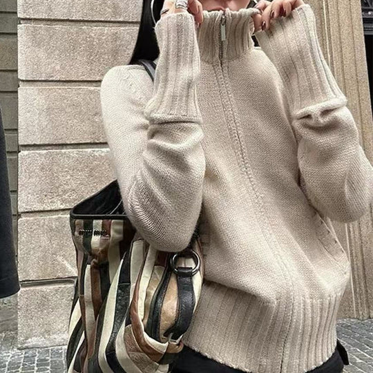 Damen Strickpullover mit hohem Stehkragen und Rippstruktur Heidi-Mode