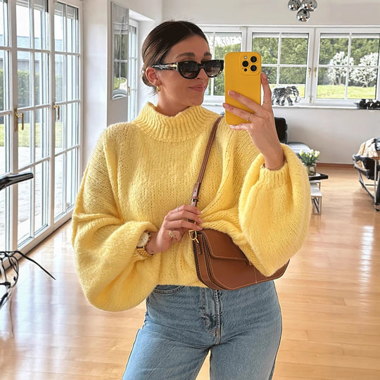 Damen lässiger Oversize Pullover mit hohen Ärmeln und unkonventionellem Schnitt Heidi-Mode