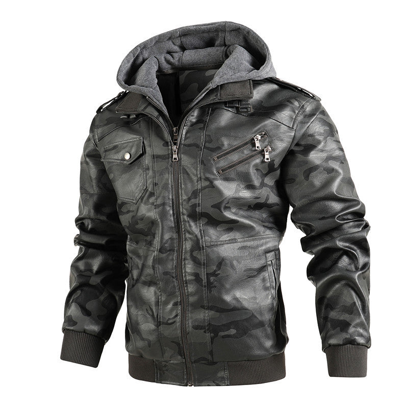 Herren Kunstlederjacke mit abnehmbarer Kapuze und multifunktionalen Taschen Heidi-Mode