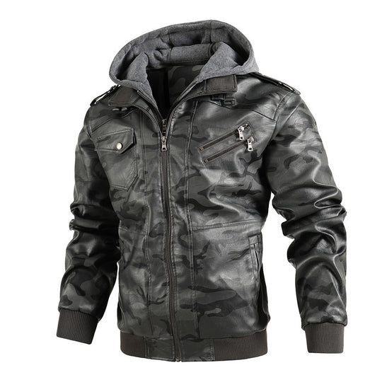 Herren Kunstlederjacke mit abnehmbarer Kapuze und multifunktionalen Taschen Heidi-Mode