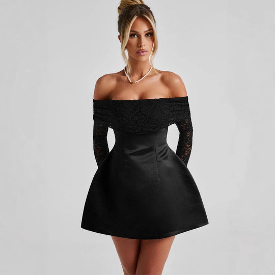 Damen Off-Shoulder Kleid mit floralen Spitzenärmeln und schwingendem Rock Heidi-Mode