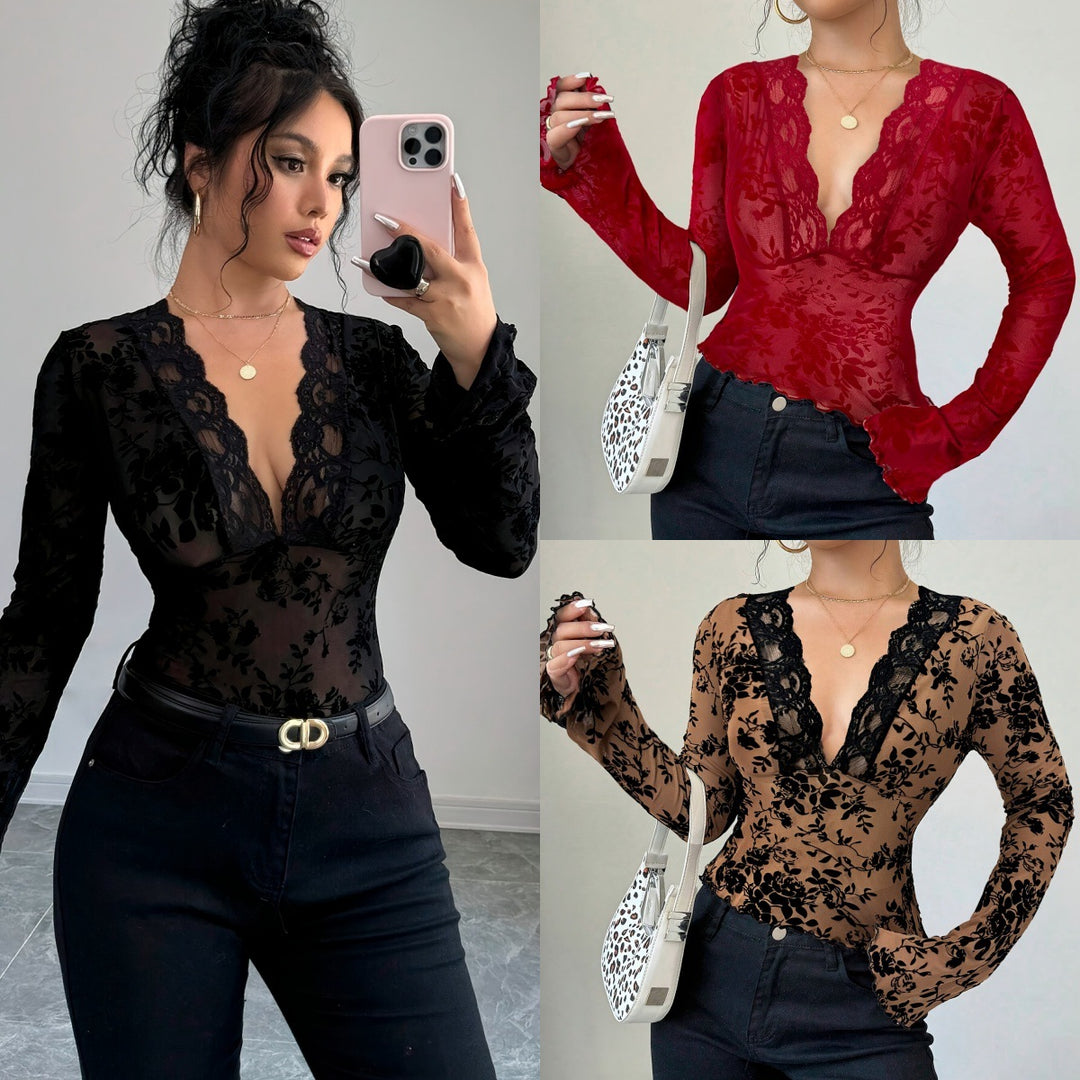 Damen Elegantes Spitzenoberteil mit tiefem V-Ausschnitt und Rüschendetails Heidi-Mode