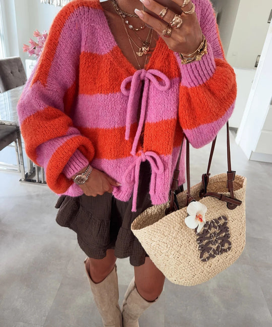 Damen lockere Strickjacke mit breiten Streifen und Bindegürtel Heidi-Mode