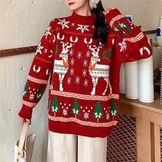 Damen Festlicher Pullover mit 3D-Rentier-Motiv und Hochkragen Heidi-Mode