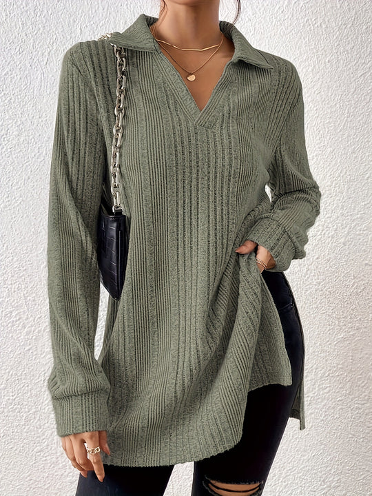 Damen Langarm Shirt mit strukturiertem V-Ausschnitt und schmalen Rippdetails Heidi-Mode
