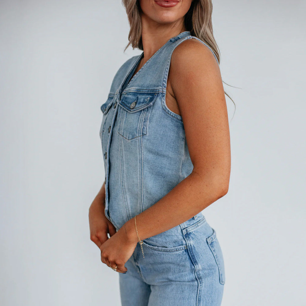 Damen Denim Weste mit Knopfleiste und modernen Schnittrahmen Heidi-Mode