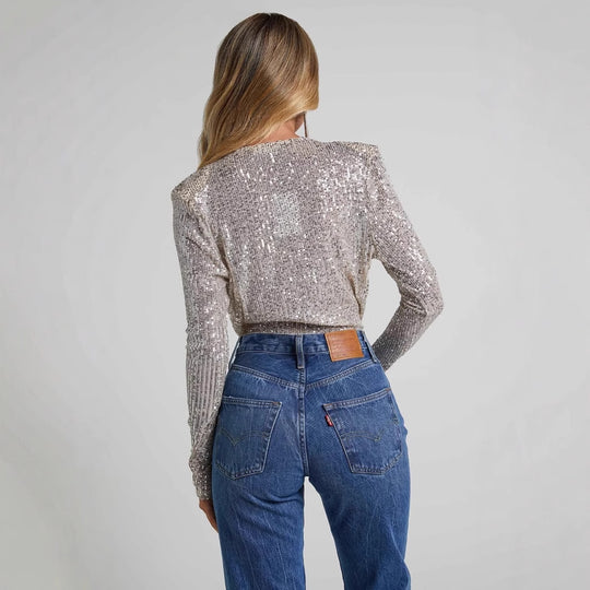 Damen Glitzernder Overall mit tiefem V-Ausschnitt und langen Ärmeln Heidi-Mode