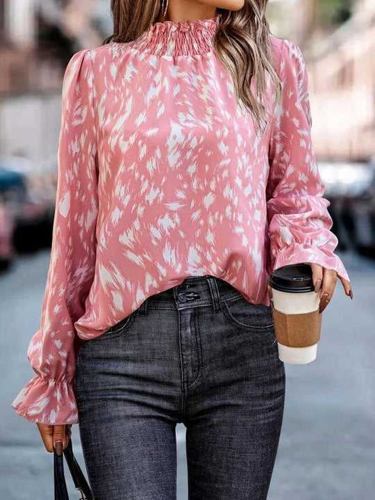 Damen Modische Bluse mit eleganter Rüschenkragen und grafischem Muster Heidi-Mode