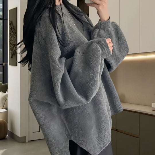 Damen Oversized Strickpullover mit weichem Fleece-Material und modernen Schnittelementen Heidi-Mode