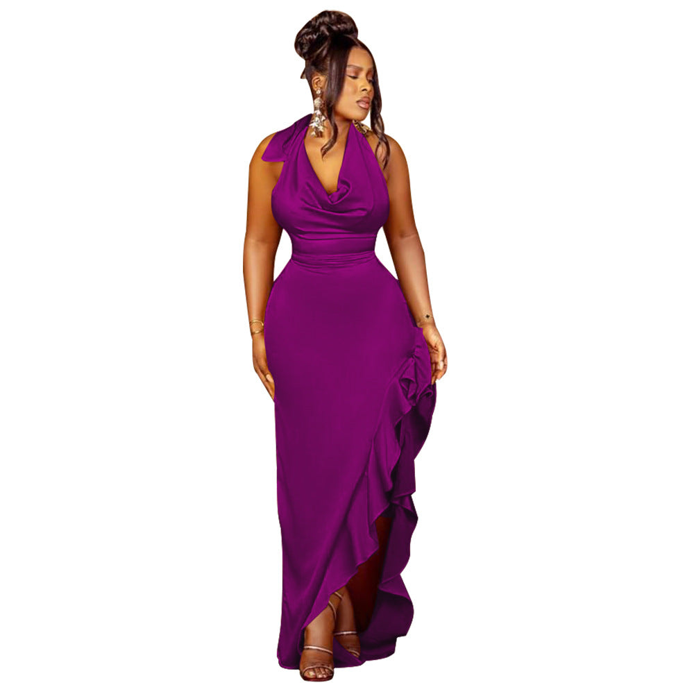 Damen Satin Abendkleid mit tiefem V-Ausschnitt und asymmetrischem Volant Heidi-Mode