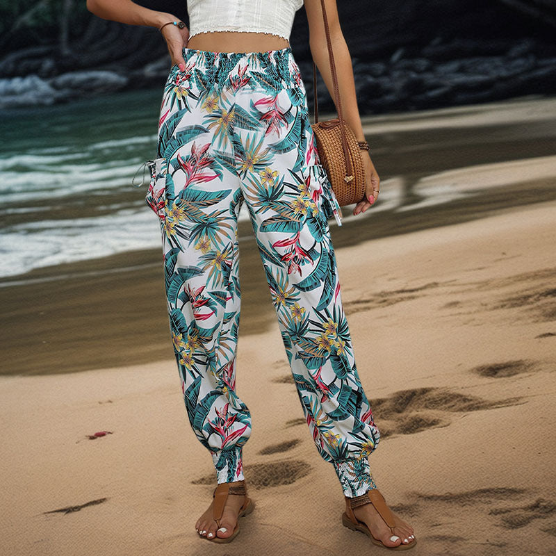 Damen Comfortable Cargo-Hose mit tropischem Muster und elastischem Bund Heidi-Mode