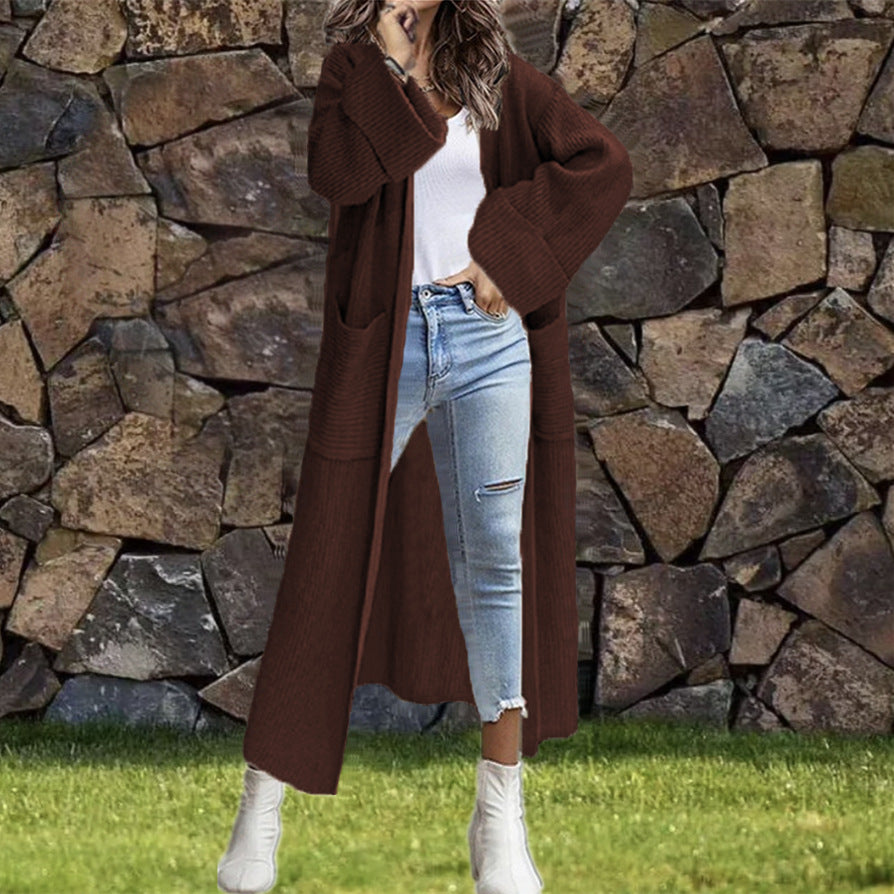 Damen Lange Strickjacke mit modischer Struktur und praktischen Taschen Heidi-Mode