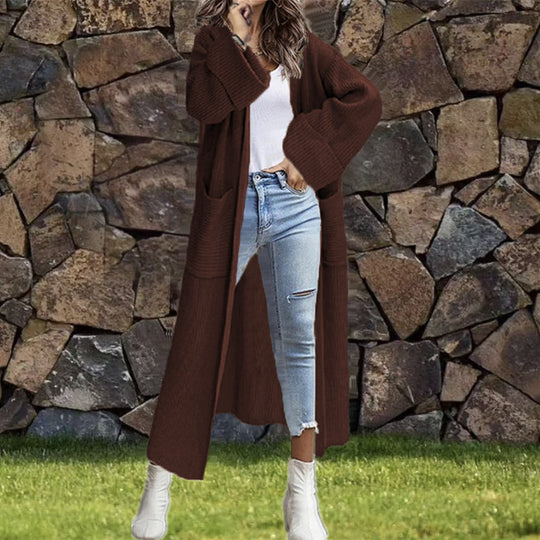 Damen Lange Strickjacke mit modischer Struktur und praktischen Taschen Heidi-Mode