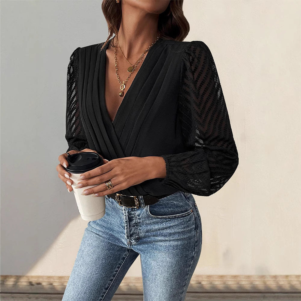 Damen elegantes Body mit voluminösen Ärmel und tiefem V-Ausschnitt Heidi-Mode