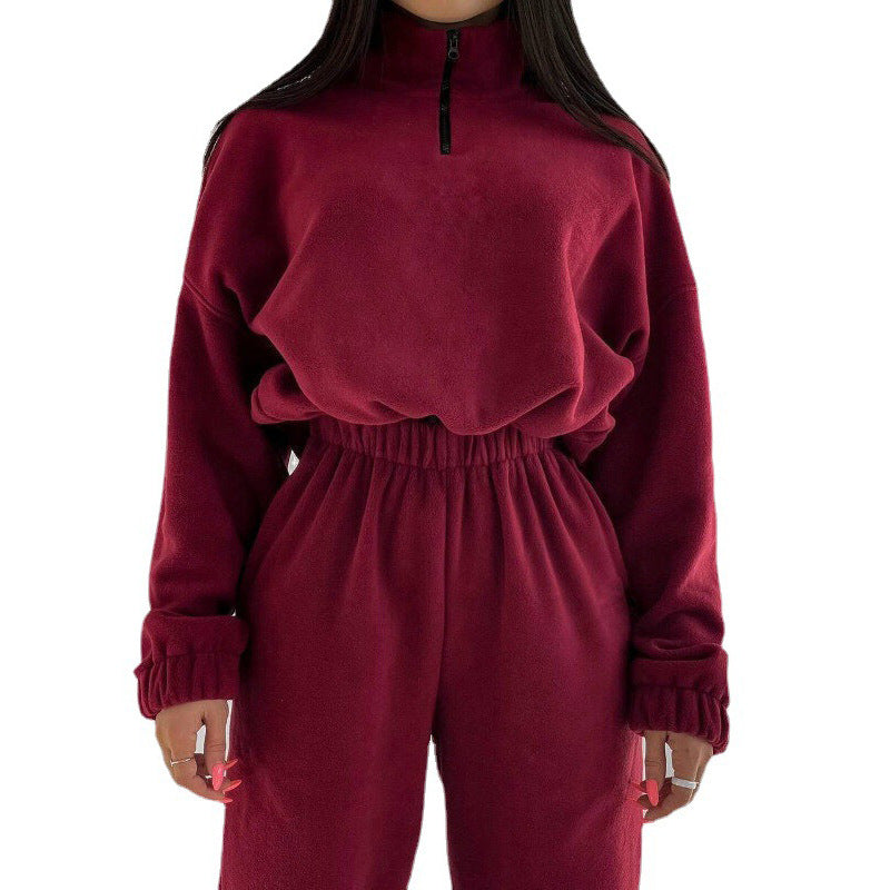 Damen Fleece-Jogginganzug mit kurzem Reißverschluss und lässigem Schnitt Heidi-Mode