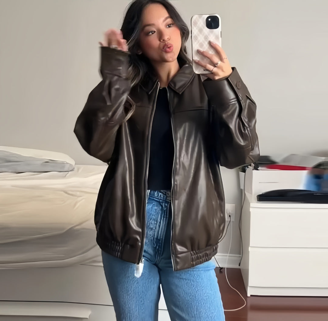 Damen Oversized Kunstlederjacke mit großzügigem Schnitt und modischen Details Heidi-Mode