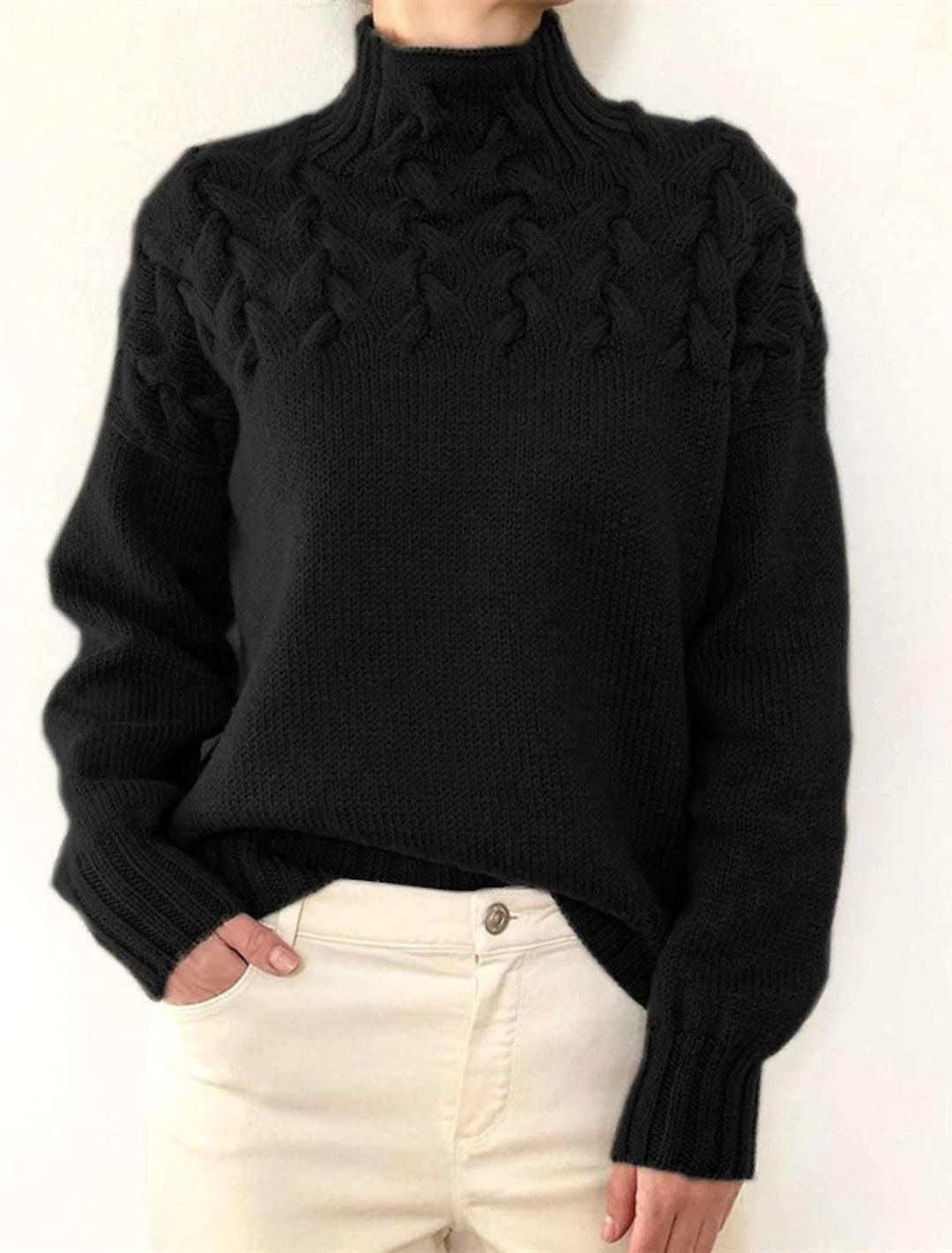 Damen Grobstrickpullover mit Stehkragen und Zopfmuster Heidi-Mode