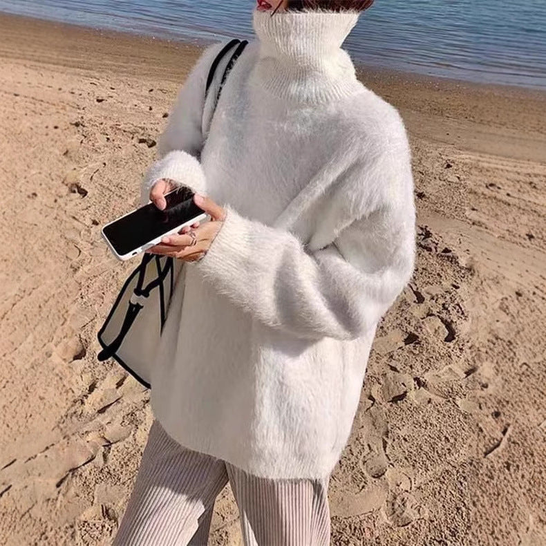 Damen Flauschiger Pullover mit Lockere Passform und Hohem Kragen Heidi-Mode
