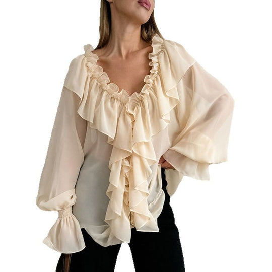 Damen Luftige Rüschenbluse aus Chiffon mit Oversize-Schnitten Heidi-Mode