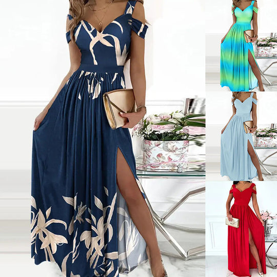Damen Maxikleid mit charmantem Ausschnitt und asymmetrischem Schlitz Heidi-Mode