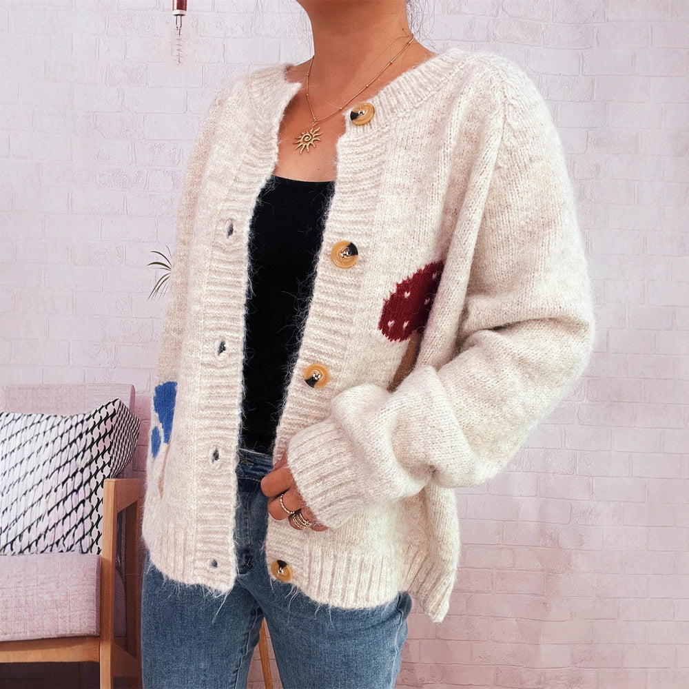 Damen Strickjacke mit buntem Pilzmotiv und Knopfdetails Heidi-Mode