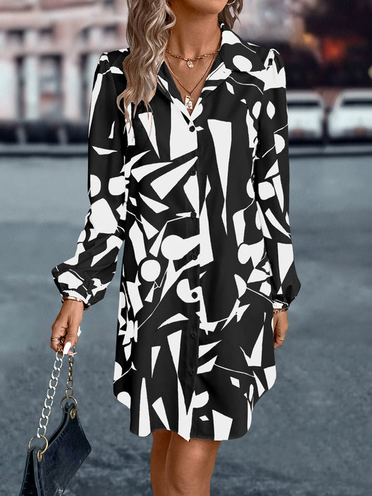 Damen Hemdblusenkleid im modernen Grafikdesign mit Bindegürtel Heidi-Mode