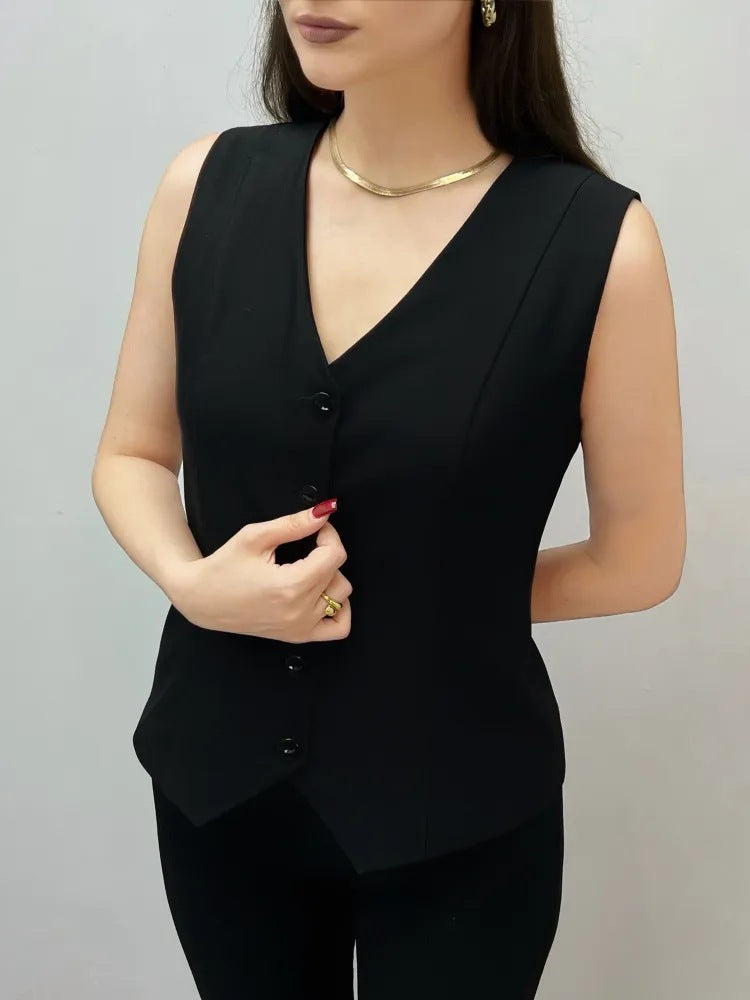 Damen Weste mit elegantem V-Ausschnitt und dekorativen Knöpfen Heidi-Mode