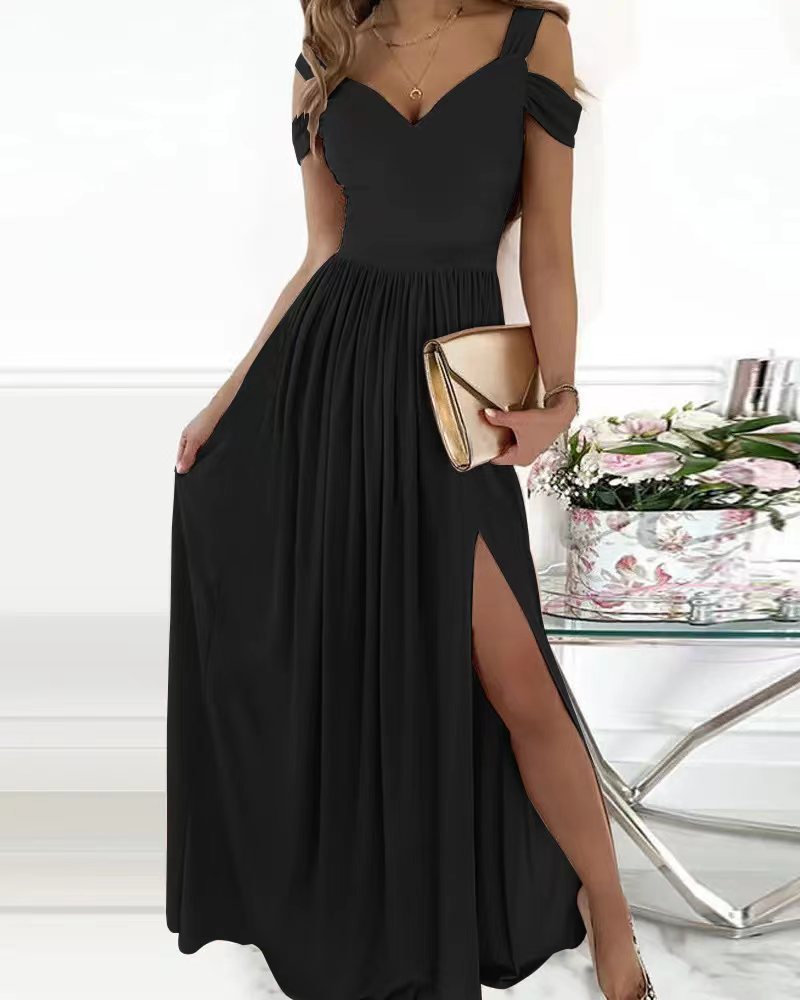 Damen Maxikleid mit charmantem Ausschnitt und asymmetrischem Schlitz Heidi-Mode