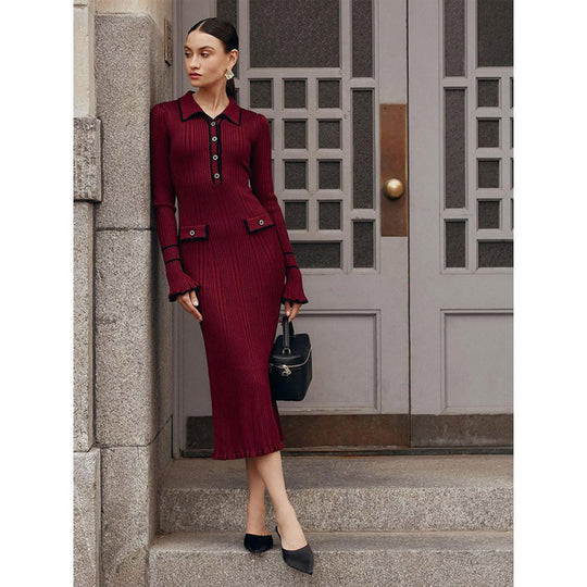 Damen Etuikleid mit feinem Rippenmuster und dekorativen Knopfdetails Heidi-Mode