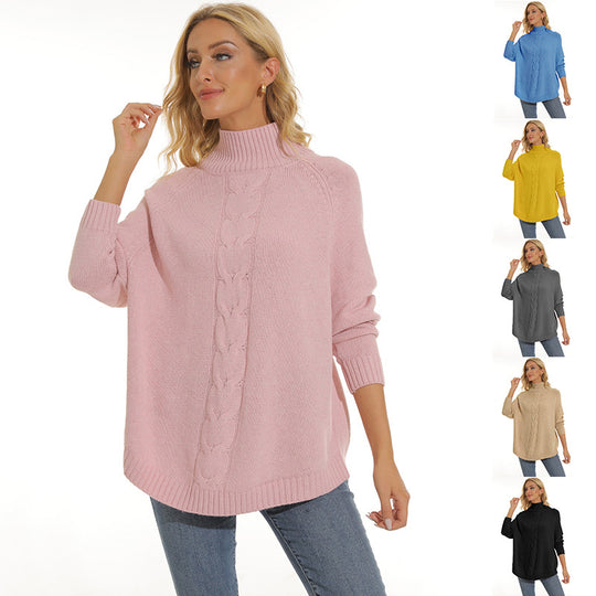 Damen gemütlicher Strickpullover mit hochgeschlossenem Kragen und modischem Zopfmuster Heidi-Mode